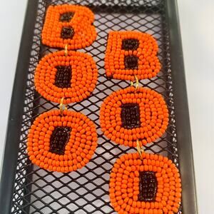 Orange BOO Beaded Halloween Earrings Fun Bold Statement Drop Jewelry